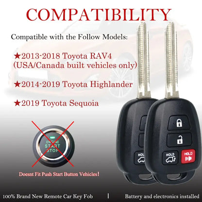 2-Pack Remote Key Fobs H Chip for Toyota RAV4, Highlander & Sequoia (2013–2019)