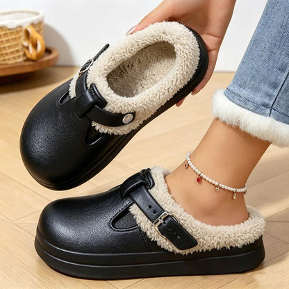 Women's Waterproof EVA Furry Mules – Plush Winter Slip-On Slippers with Platform Sole