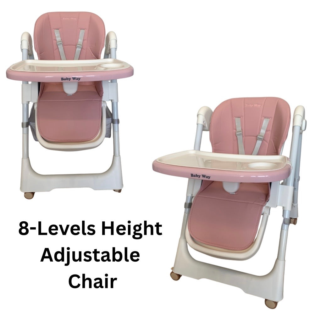 Elevate Adjustable and Folding High Chair with Locking Wheels & Storage Basket - PINK