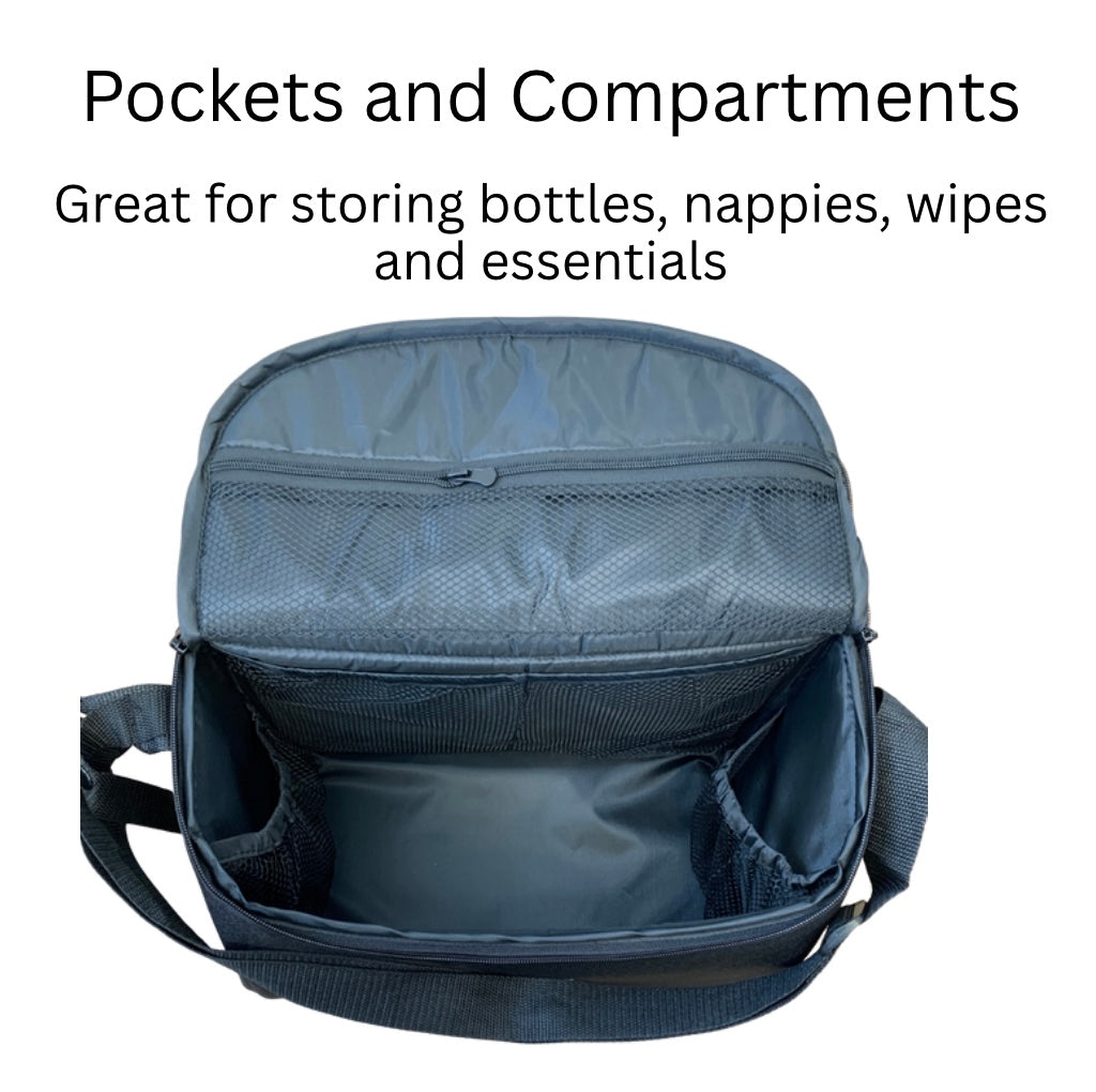 Multifunctional Nappy Bag – Universal Stroller Caddy & Portable Changing Mat - BLACK