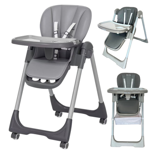 Elevate Adjustable and Folding High Chair with Locking Wheels and Storage Basket - GREY