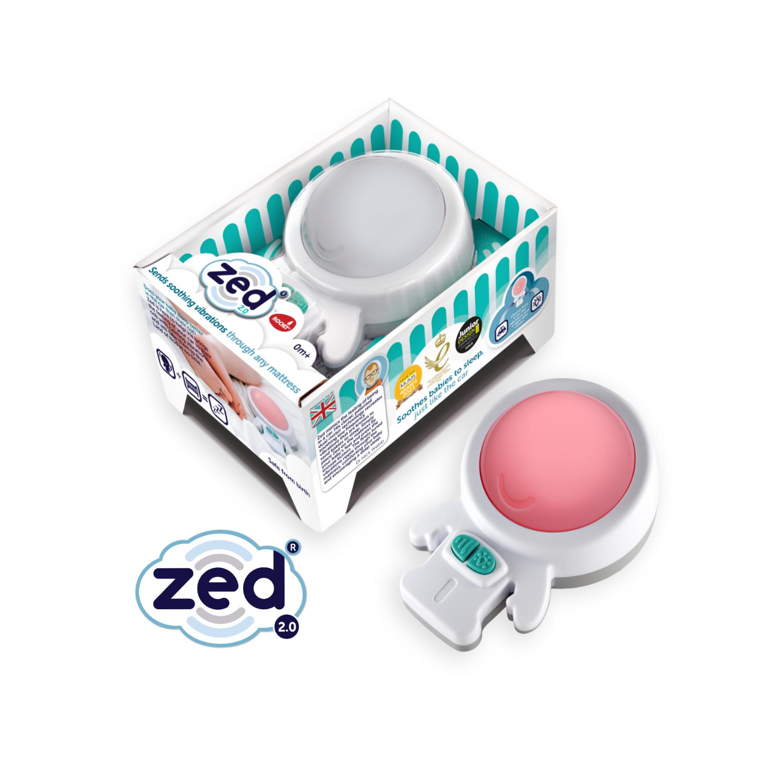 Zed 2.0 soother for baby mattress shown both inside its retail packaging and as a standalone unit on a white background.