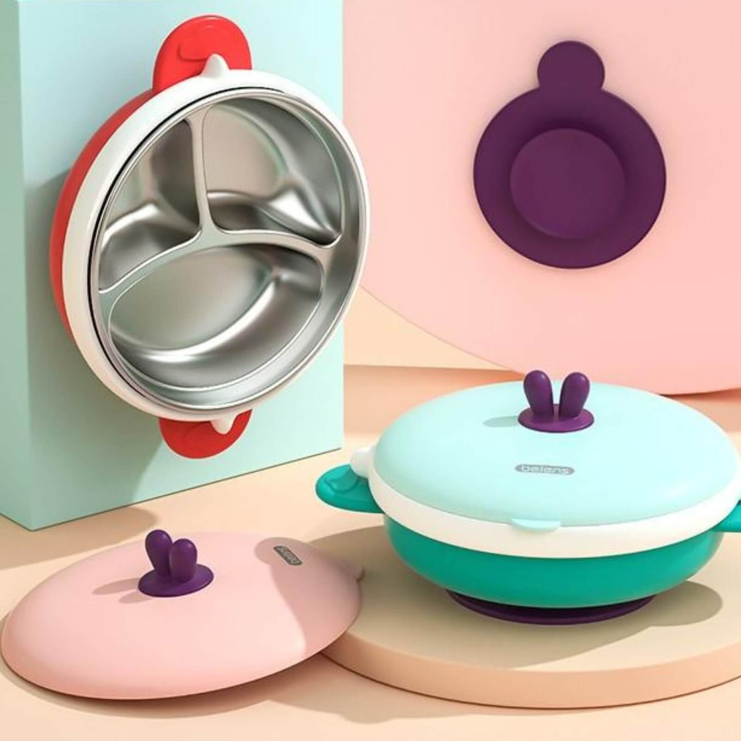 3 Grids Thermal Stainless Steel Baby Toddler Suction Plate /Bowl 4 Pieces Set -Red