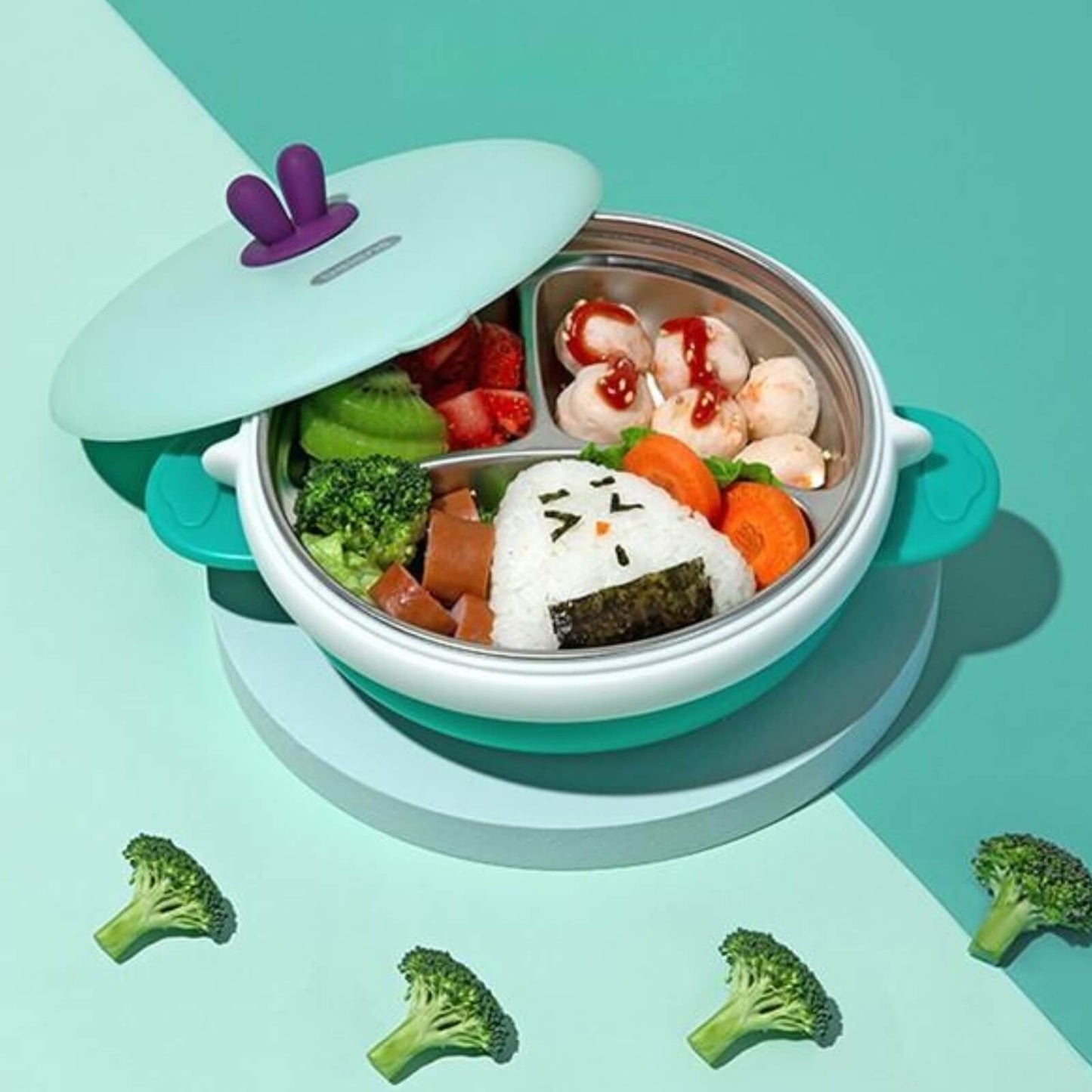 3 Grids Thermal Stainless Steel Baby Toddler Suction Plate /Bowl Set-Green