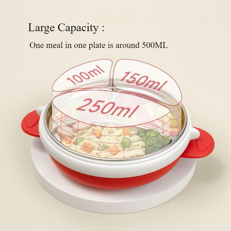 3 Grids Thermal Stainless Steel Baby Toddler Suction Plate /Bowl 4 Pieces Set -Red