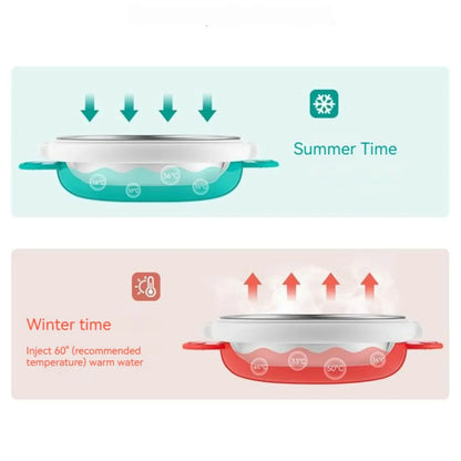 3 Grids Thermal Stainless Steel Baby Toddler Suction Plate /Bowl Set-Green