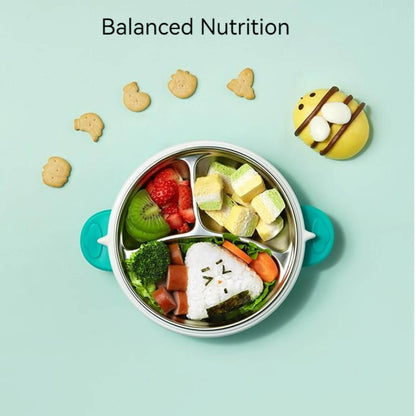 3 Grids Thermal Stainless Steel Baby Toddler Suction Plate /Bowl Set-Green