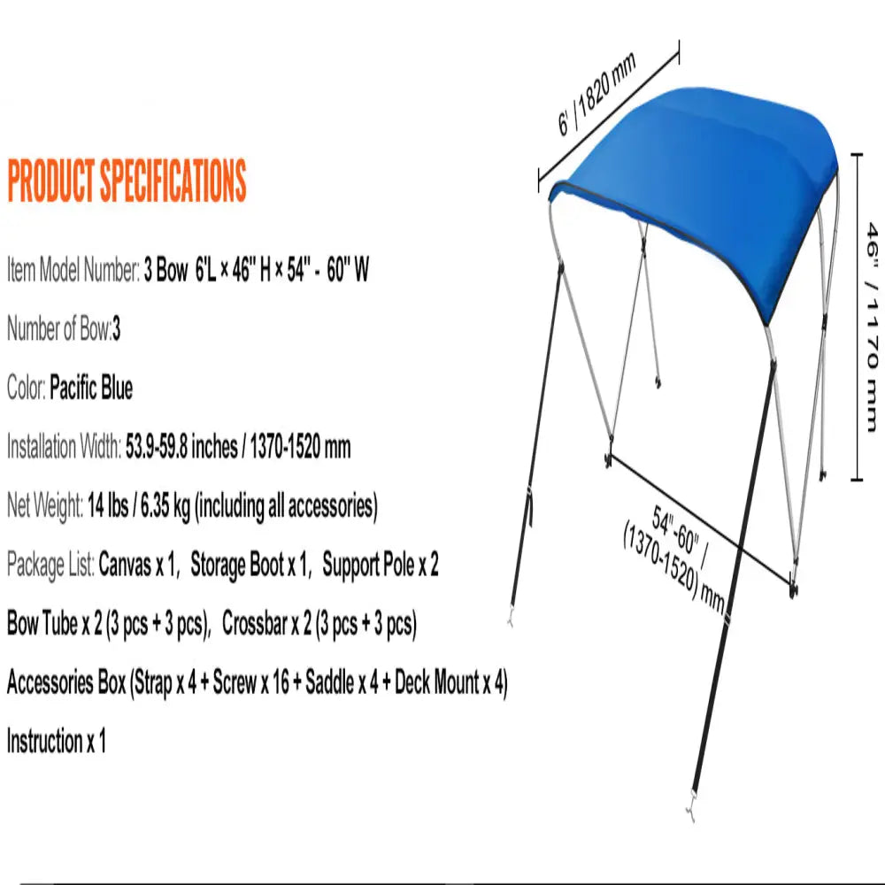 3-Bow Bimini Top Boat Canopy – 900D Polyester (different sizes available)