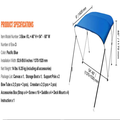 3-Bow Bimini Top Boat Canopy – 900D Polyester (different sizes available)