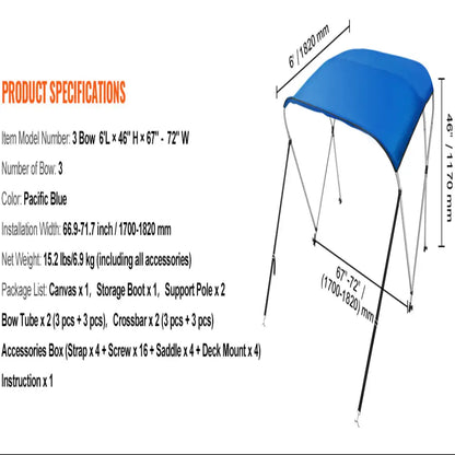 3-Bow Bimini Top Boat Canopy – 900D Polyester (different sizes available)