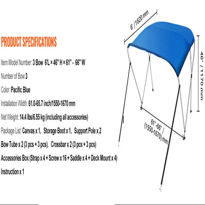 3-Bow Bimini Top Boat Canopy – 900D Polyester (different sizes available)