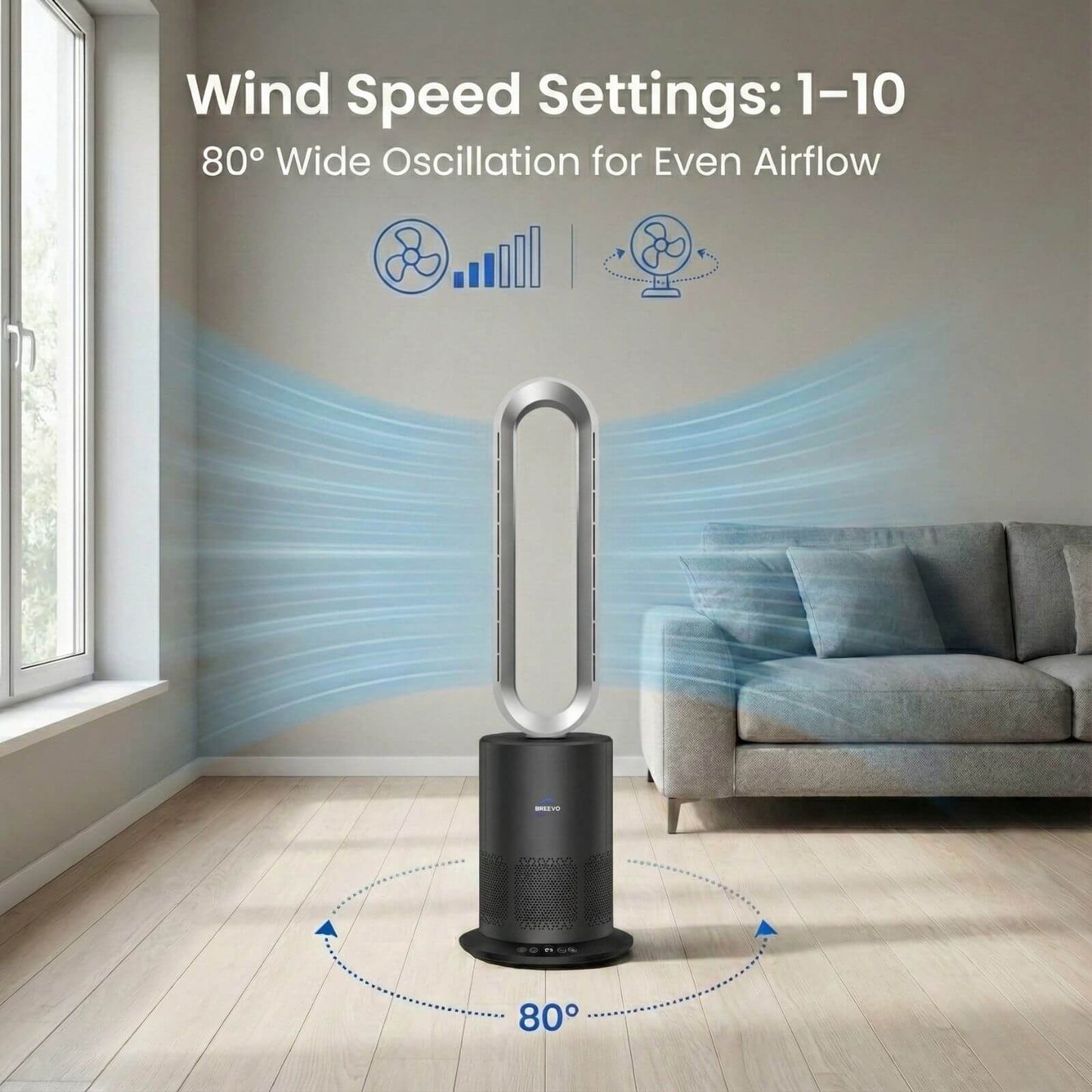 3-in-1 Bladeless Fan with Air Purifier & Heater for NZ Rooms – Silver/Grey | PureFlow