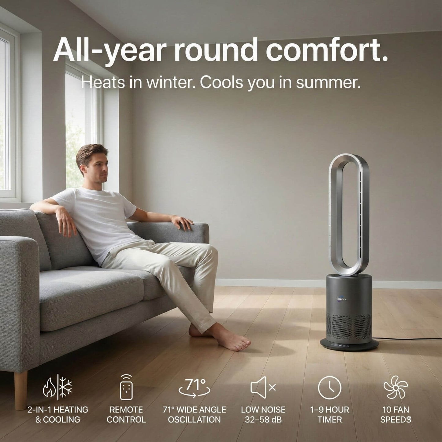 3-in-1 Bladeless Fan with Air Purifier & Heater for NZ Rooms – Silver/Grey | PureFlow