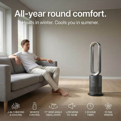 3-in-1 Bladeless Fan with Air Purifier & Heater for NZ Rooms – Silver/Grey | PureFlow