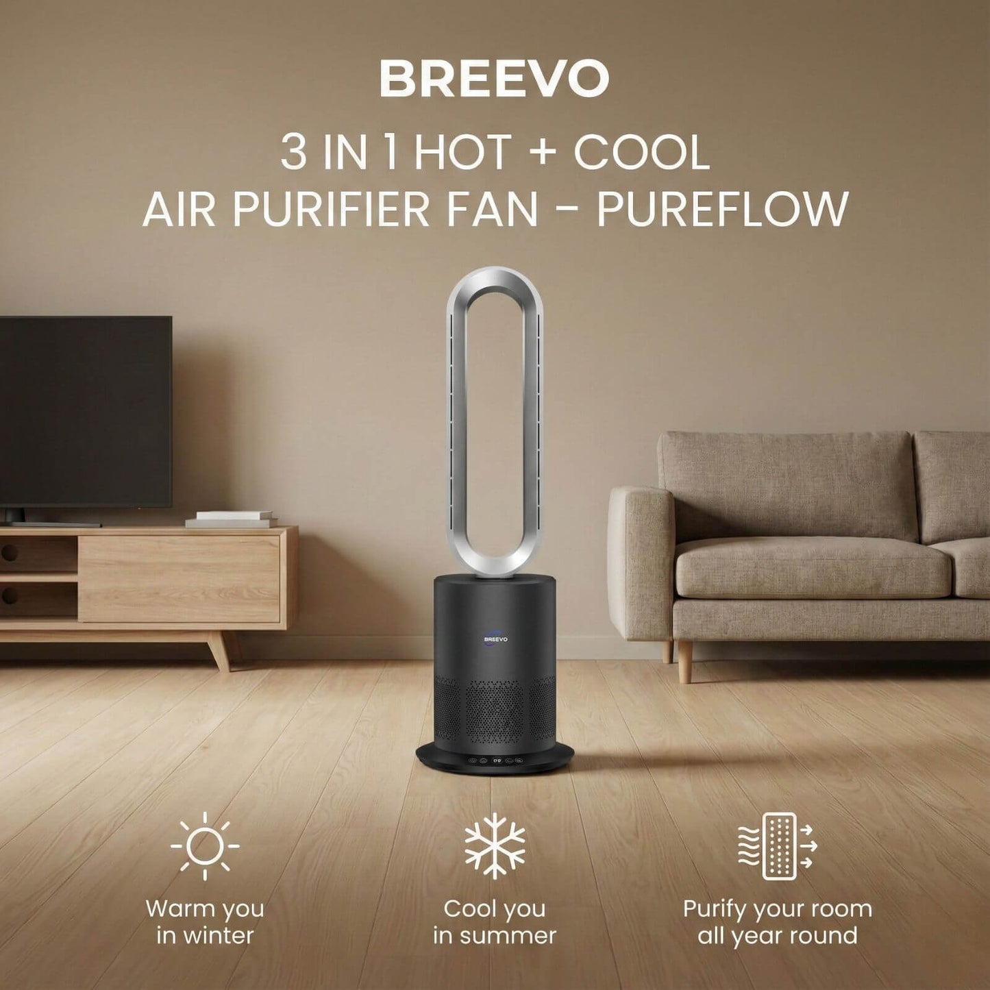 3-in-1 Bladeless Fan with Air Purifier & Heater for NZ Rooms – Silver/Grey | PureFlow