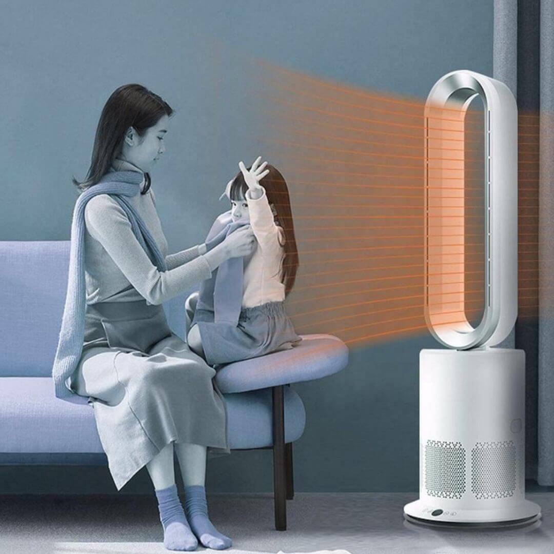 Bladeless Fan Heater NZ – 2-In-1 Hot & Cool Tower Fan | ClimateMaster | Silver/White