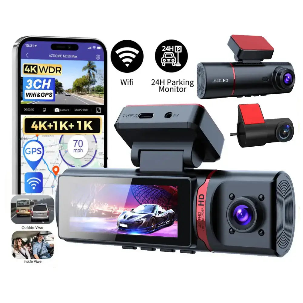3-Lens Car Camera – Front/Inside/Rear 4K DVR (different models available)