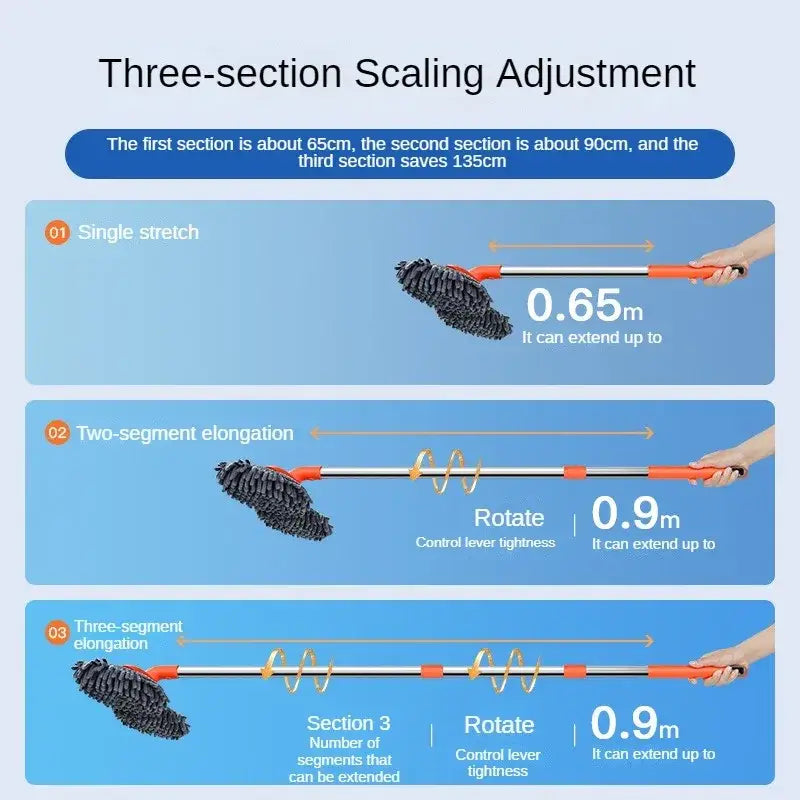 3-Section Telescopic Car Wash Mop with Double Brush Head