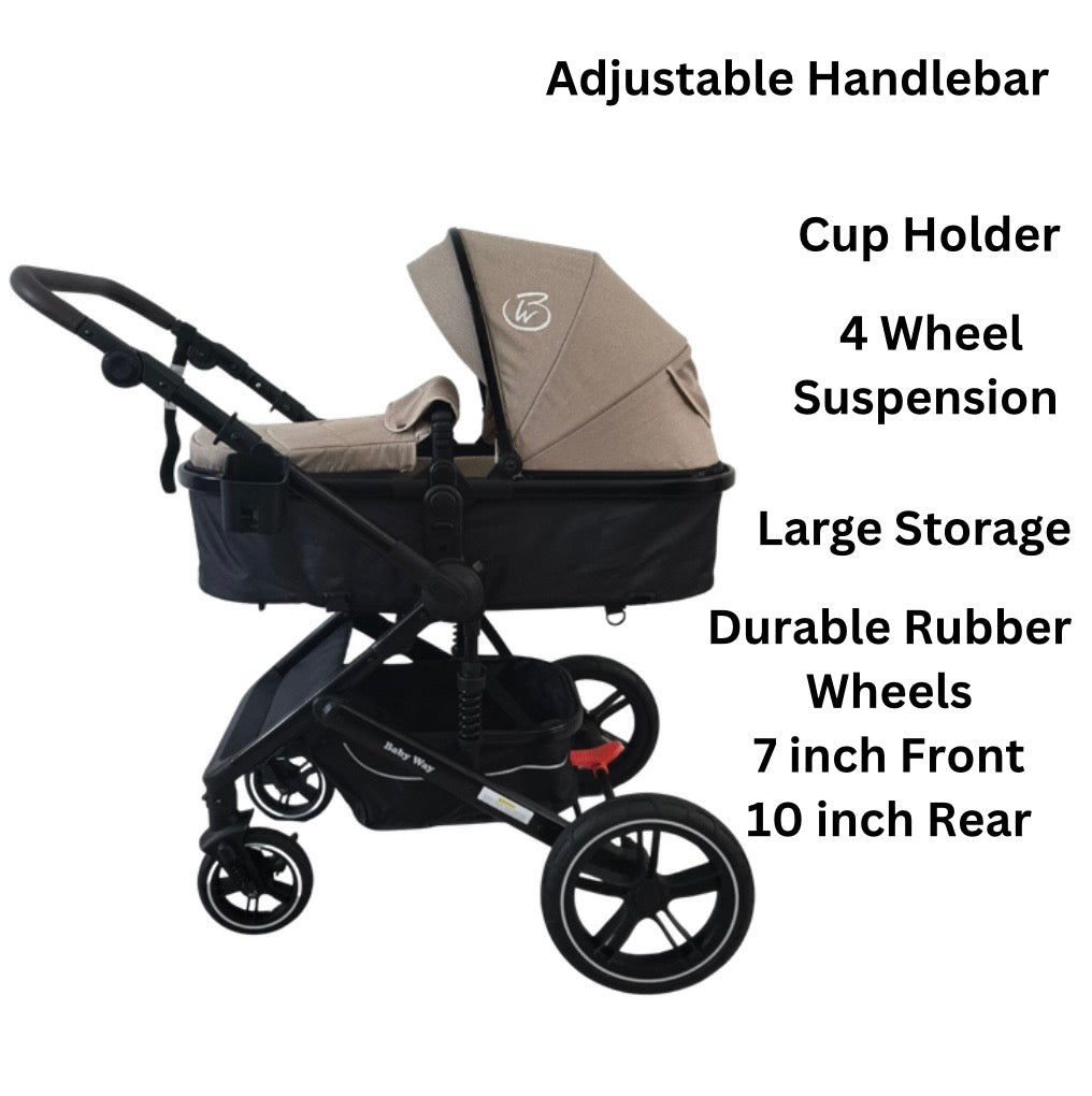 Preorder - Supra Black - 3in1 Stroller + Bassinet + Capsule Travel System with Sunshade Sets and Food Tray & Beige Colour Pack