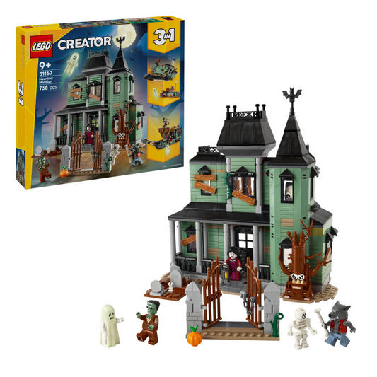 LEGO Creator: 3-in-1 Haunted Mansion House set with packaging and figures on a white background