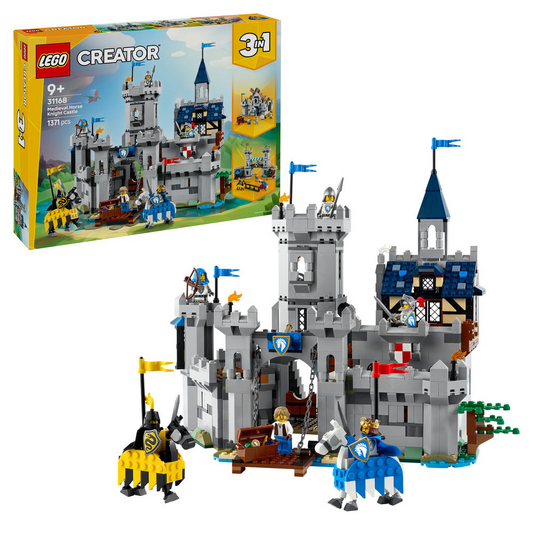 LEGO Creator: 3-in-1 Medieval Horse Knight Castle set with packaging on a white background