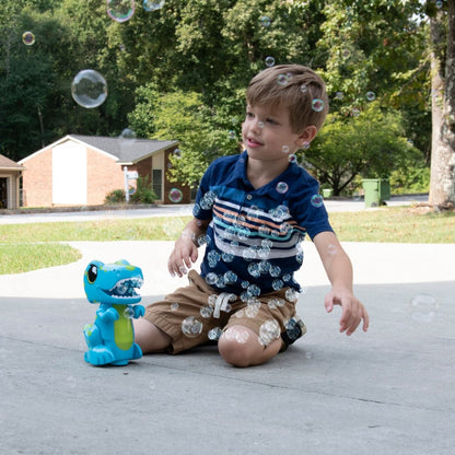 Child playing with Bump N Go Dinosaur Bubble Maker outdoors on a sunny day