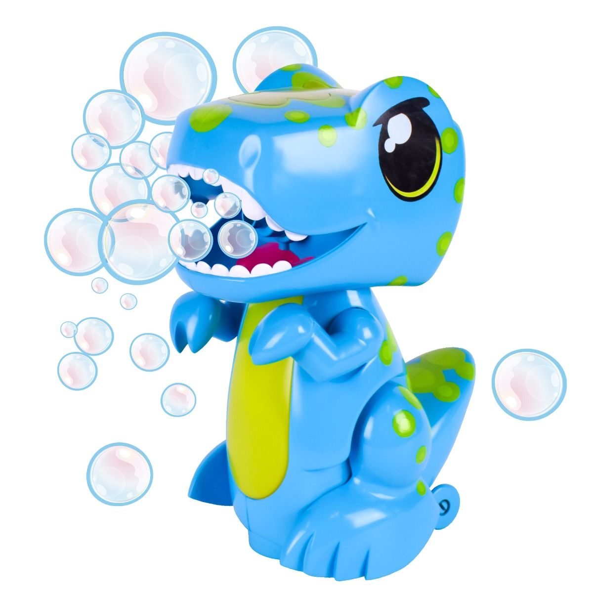 Blue dinosaur toy with bubble-making feature on a white background