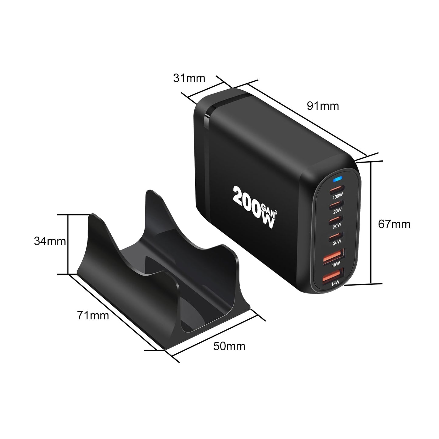 200W USB Type C Charger, 6 Ports Fast Charging Station, GaN III PD QC Desktop Charger