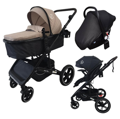 Preorder - Supra Black - 3in1 Stroller + Bassinet + Capsule Travel System with Sunshade Sets and Food Tray & Beige Colour Pack