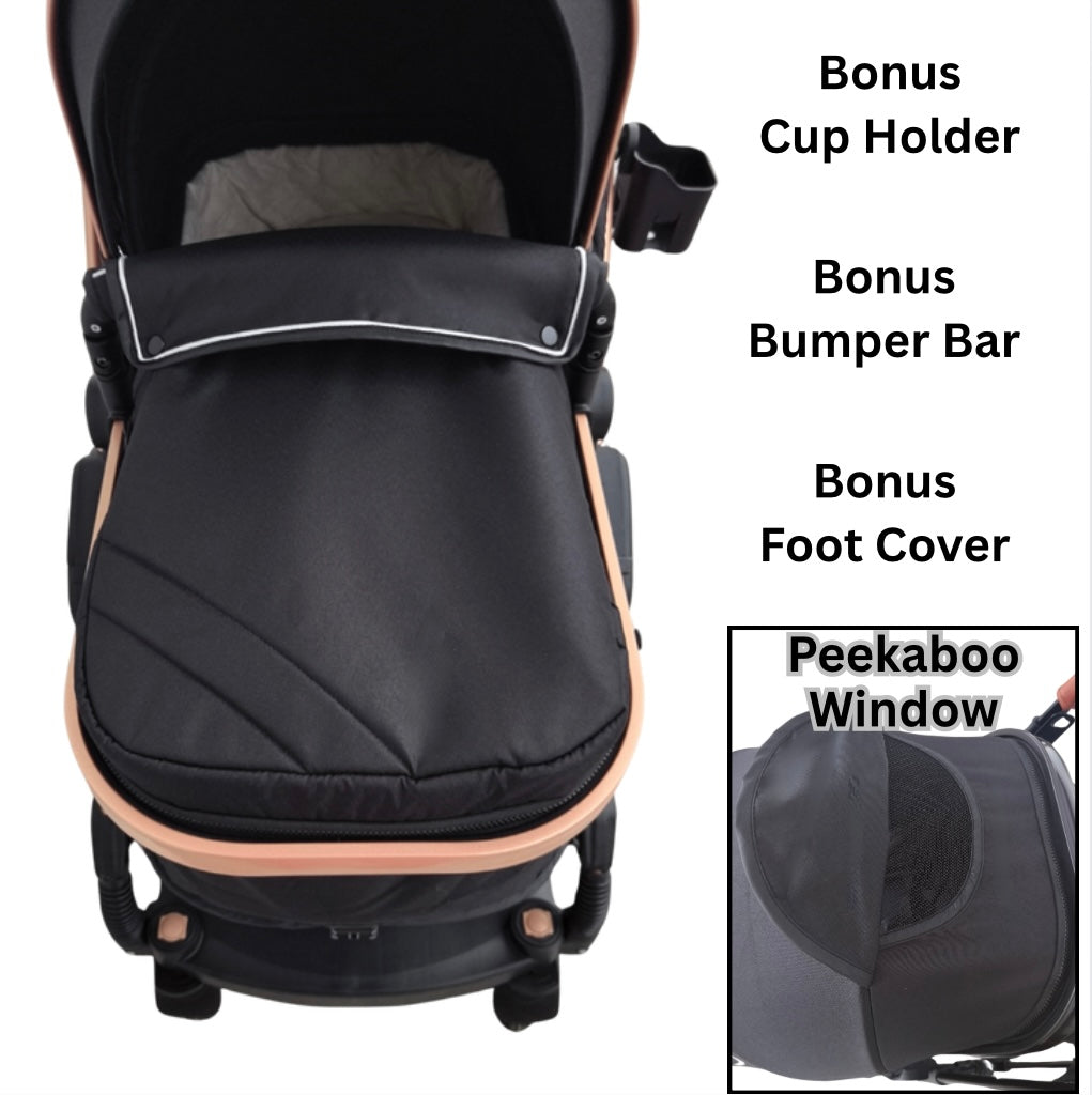 Ultra - 3 in 1 Stroller + Bassinet + Capsule Combo with Sunshade Sets and Food Tray - Black Gold