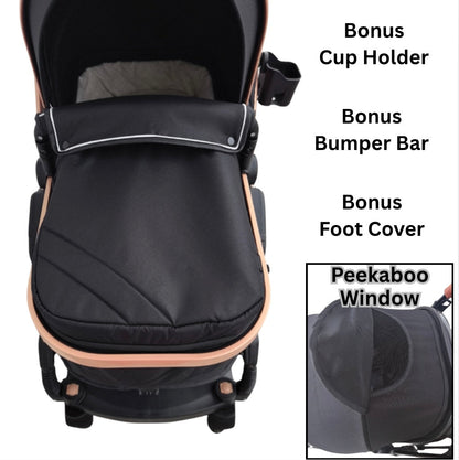 Ultra - 3 in 1 Stroller + Bassinet + Capsule Combo with Sunshade Sets and Food Tray - Black Gold