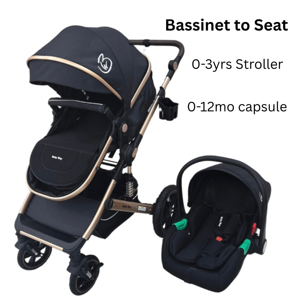 Preorder - Supra Gold - 3 in 1 Stroller Buggy + Bassinet + Capsule Car Seat Combo with Mattress, Food Tray and Grey Skin