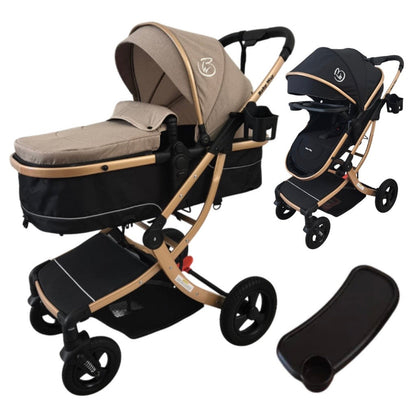 Starla Gold with Khaki Colour Pack – 2-in-1 Bassinet to Seat Stroller + Food Tray