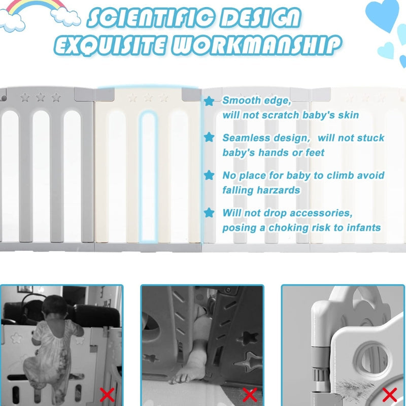 Coolever Baby Playpen Baby Fence 16+2 Panels (Grey & White Stars)