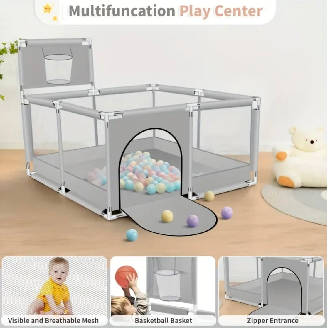Multifunctional Baby Play Pen with Basketball Hoop