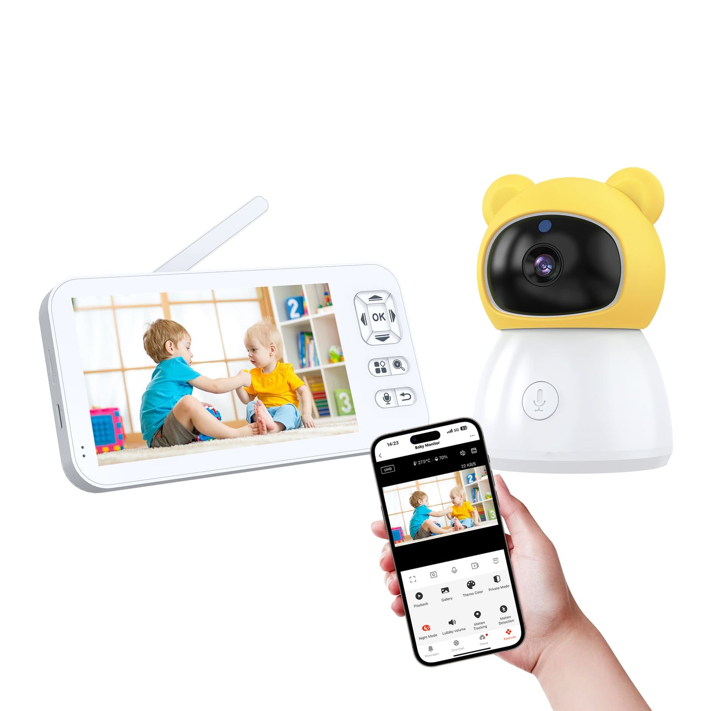 Dual Mode 5″ Baby Monitor with Night Vision & Motion Detection – Yellow