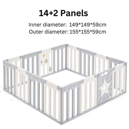 Coolever Baby Playpen Baby Fence 14+2 Panels (Grey & White Stars)