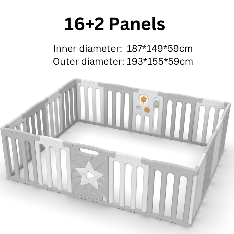 Coolever Baby Playpen Baby Fence 16+2 Panels (Grey & White Stars)