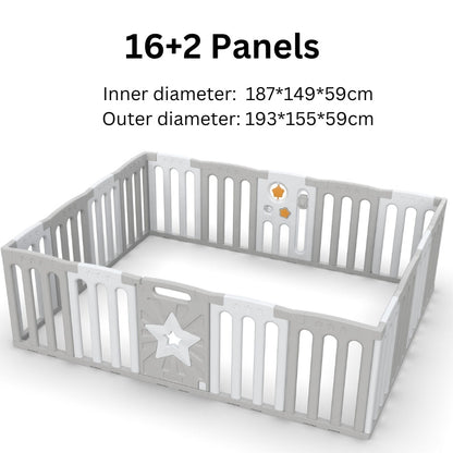 Coolever Baby Playpen Baby Fence 16+2 Panels (Grey & White Stars)