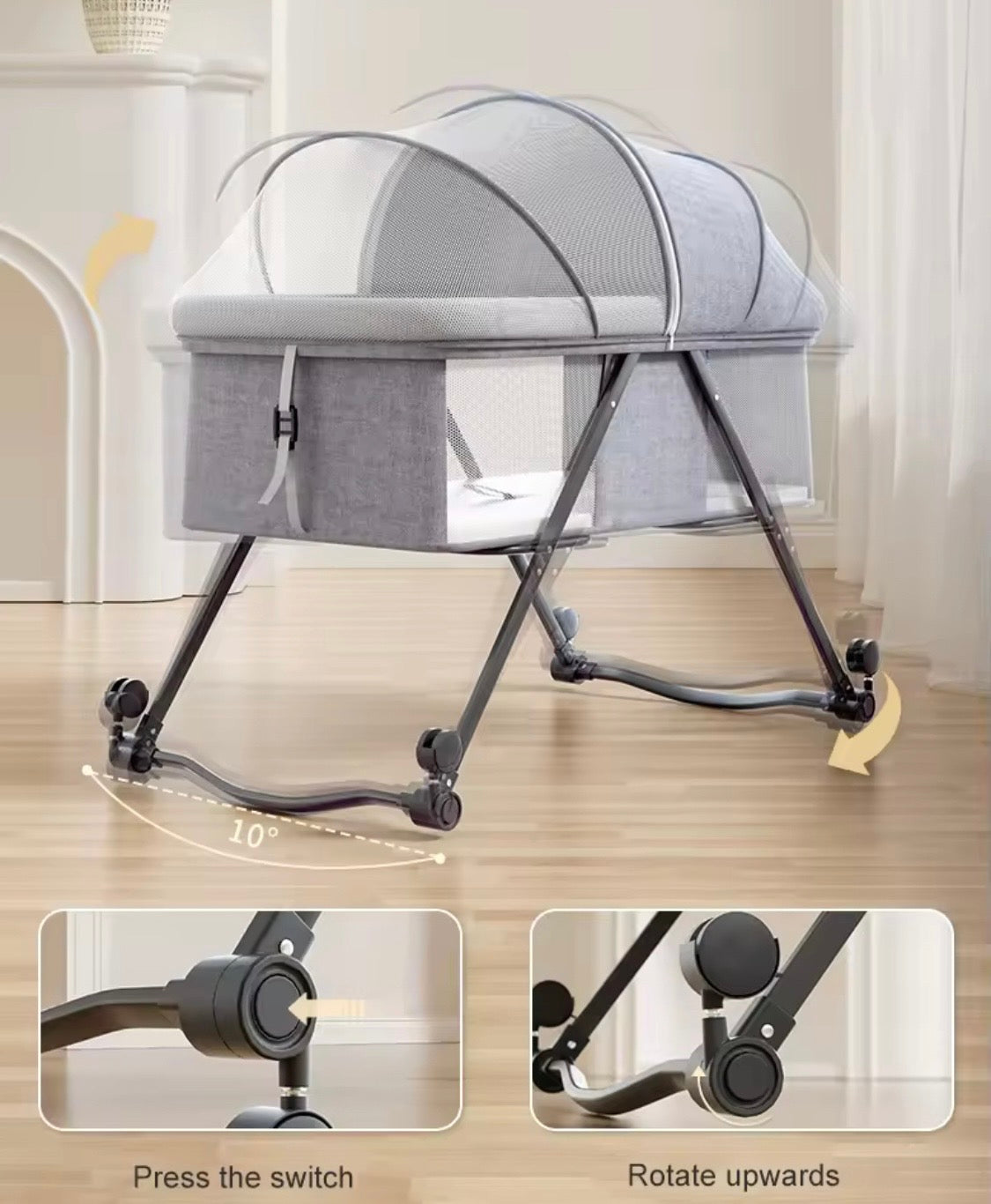Preorder - Luna Portable Compact Folding Baby Bassinet with Canopy and Locking Wheels