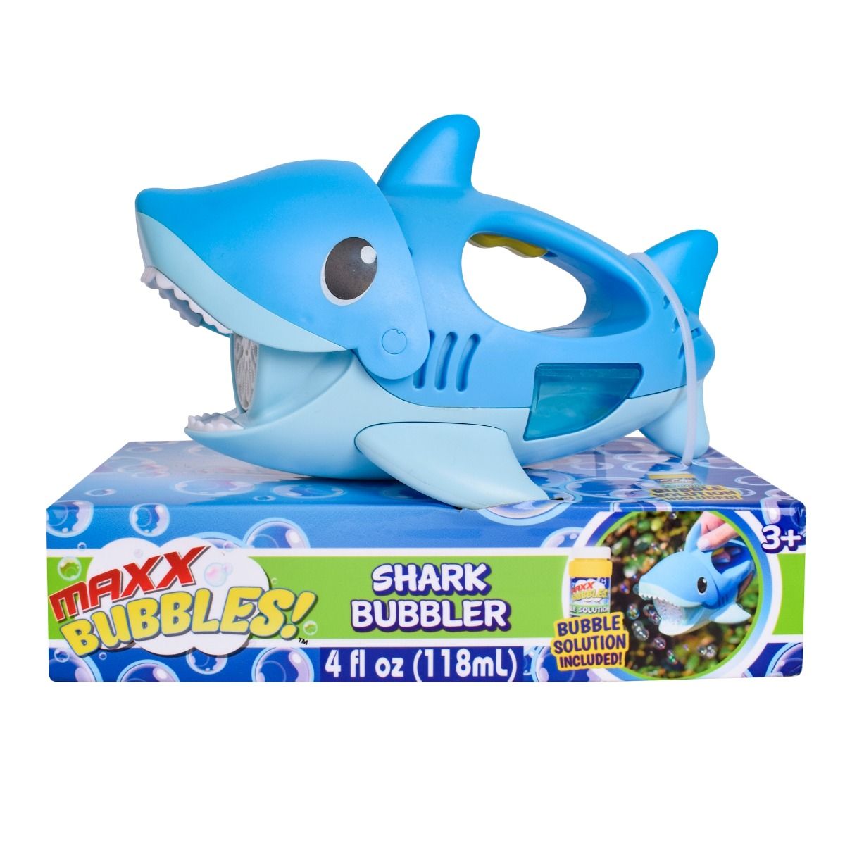 Shark-shaped bubble blower with packaging on a white background