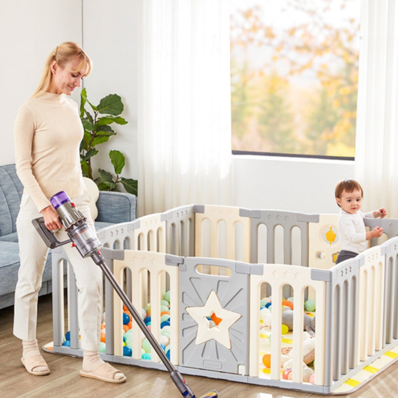 Coolever Baby Playpen Baby Fence 16+2 Panels (Grey & White Stars)