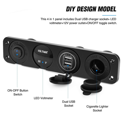 4 in 1 Charger Outlet Socket Panel QC Dua 12V USB Power Outlet Car Switch