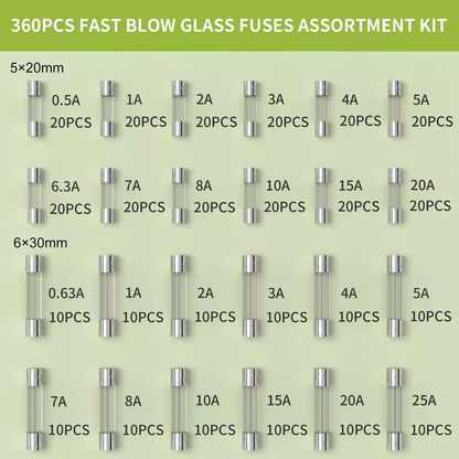 360Pcs Fast Blow Glass Fuses Assortment Kit Auto Fuses Assortment Tool