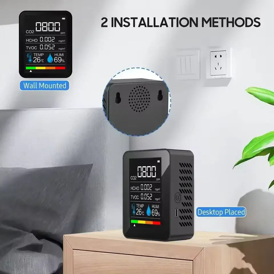 5-in-1 Digital Air Quality Monitor – CO2, HCHO, TVOC, Humidity & Temperature Tester