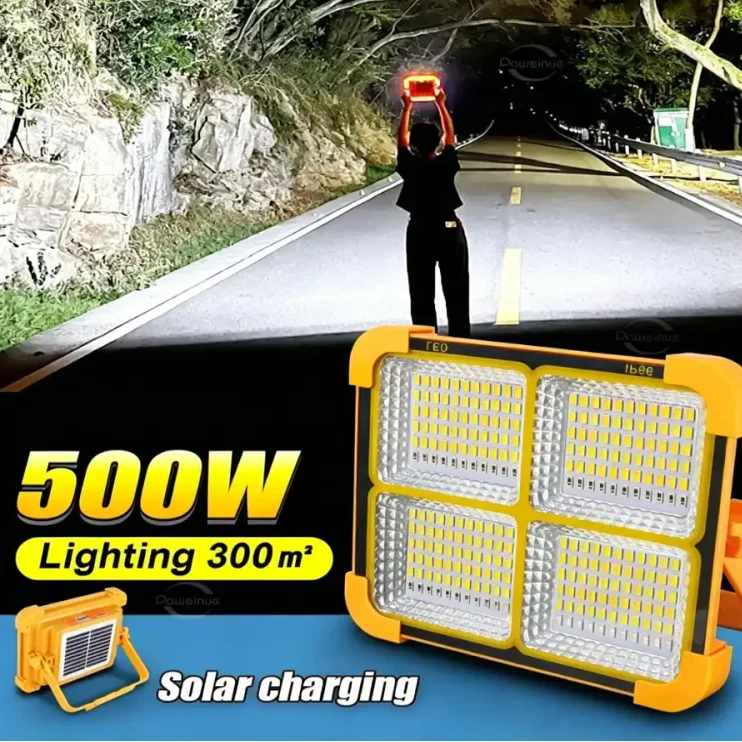 500W Solar Rechargeable Flood Light IP66 Waterproof Portable Camping & Emergency Lantern Power Bank