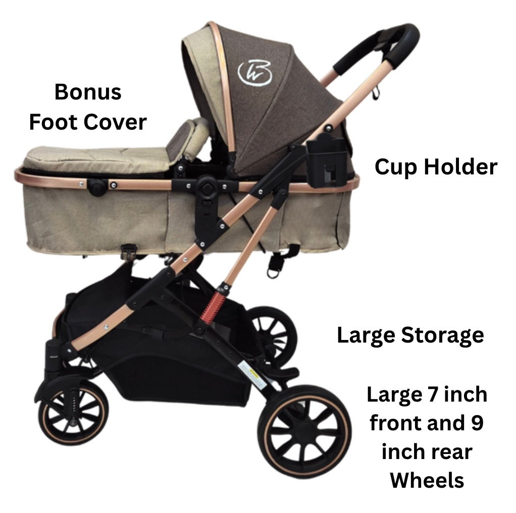 Gold Series 3 in 1 Travel System - Stroller + Bassinet + Capsule with Food Tray - Beige/Gold