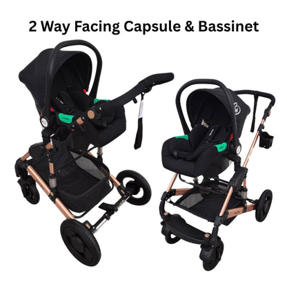 Ultra - 3 in 1 Stroller + Bassinet + Capsule Combo with Sunshade Sets and Food Tray - Black Gold