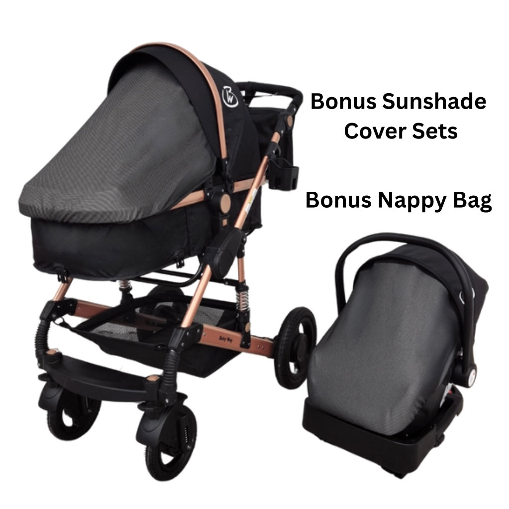Ultra - 3 in 1 Stroller + Bassinet + Capsule Combo with Sunshade Sets and Food Tray - Black Gold
