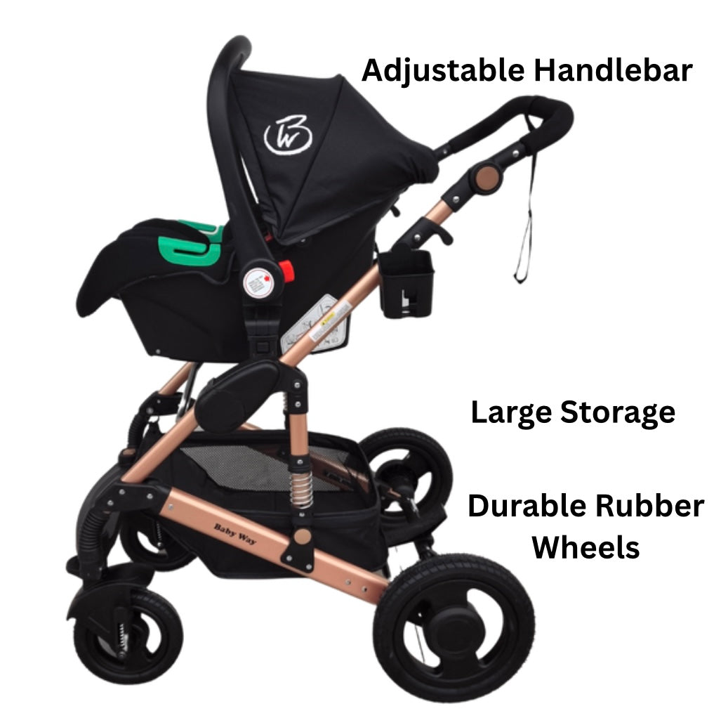 Ultra - 3 in 1 Stroller + Bassinet + Capsule Combo with Sunshade Sets and Food Tray - Black Gold